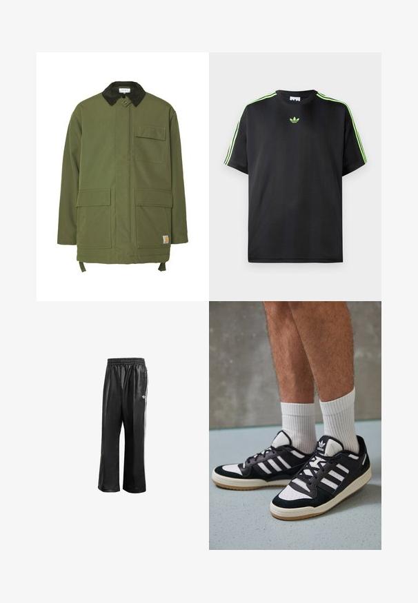 Olivno zeleni plašč z žakardnim ovratnikom, ki se zapira s sprednjim gumbom in ima dva sprednja žepa. Narejen iz trpežnega blaga z daljšim krojem.; Črna majica iz gladkega materiala s krožnim izrezom, na ramenih pa ima tri zelene črte in majhen zelen logotip na prsih.; Črne sintetične športne hlače z elastičnim pasom, z belimi stranskimi črtami in s majhnim belim logotipom na levem kolku.; Črno-bele superge z zgornjim delom iz usnja in nubuka, ki imajo tri bele črte, perforiran vrh prstov in podplat iz gume.