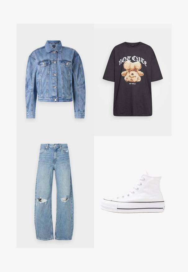 Jachetă din denim bleu deschis, cu un design scurt, buzunare pe piept, nasturi argintii și accente cusute pe mâneci și corp. Stil clasic de guler.; Tricou oversized negru featuring un grafic cu un urs și textul „NU E DRĂGUȚ DAR SUNT SĂLBATIC” în litere albe, îndrăznețe. Material din bumbac.; Jeans de denim, de un bleu deschis, cu talie înaltă. Au picioare late, două zone rupte la genunchi și un stil clasic cu cinci buzunare.; Adidași albi tip pantofi sport cu glezna din pânză, cu talpă din cauciuc negru, capac de vârf din cauciuc frontal și șase ochiuri pentru șireturi, având un design curat și minimalist.