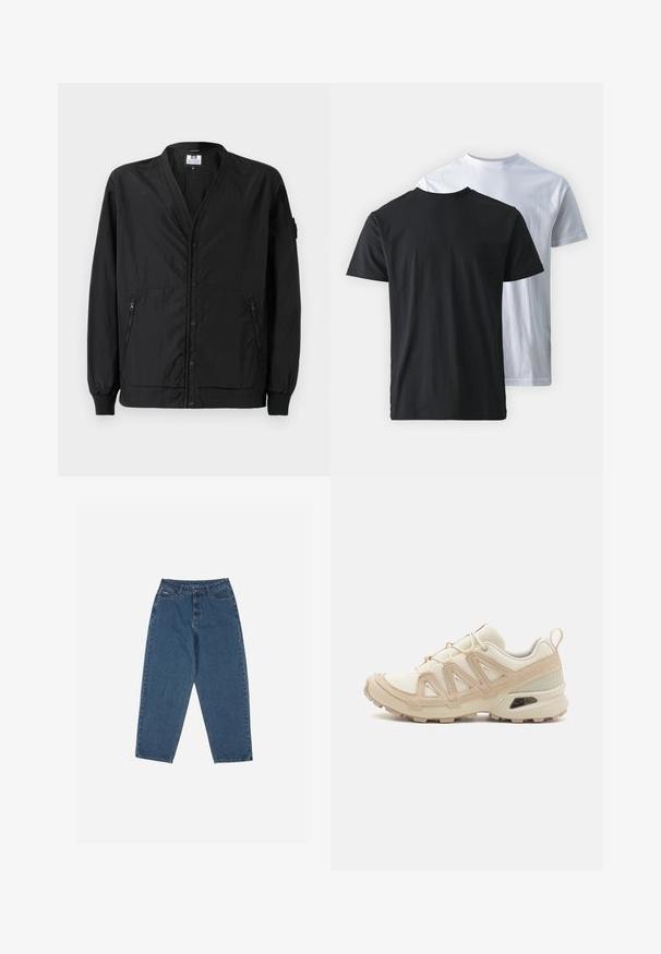 Černá lehká bunda s knoflíkovou přední částí, žebrovanými manžetami a dvěma bočními kapsami na zip. Nabízí uvolněný střih a hladkou texturu.; Dvé bavlněné trička zobrazené zpětně k sobě: jedno černé a jedno bílé. Obě mají krátké rukávy a kulaté výstřihy, s hladkou texturou.; Modré džíny z denimu s volným střihem, vysokým pasem, pěticí kapsami a akcenty prošití. Mají zapínání na knoflík a zip.; Béžová a krémová sportovní obuv s texturovaným síťovaným svrškem, podpůrnými překryvy a gumovou podrážkou s dezénem pro lepší přilnavost.