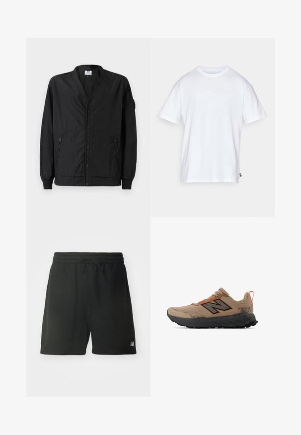 Melnā vieglā jaka ar pogām priekšpusē, ribotām aprocēm un divām ar rāvējslēdzējiem aizveramām sānu kabatām. Tai ir brīvs piegriezums un gluda tekstūra.; Balts kokvilnas T-krekls ar īsām piedurknēm un apaļu kakla izgriezumu. Uz krūtīm ir maza, diskrēta Nike logo un sānu birka.; Melnas kokvilnas sporta šortus ar elastīgu jostasvadu, regulējamu auklu un logotipa detalizāciju apakšējā kreisajā kājā. Gluda tekstūra.; Bežs sporta apavu ar melnu detaļu, sietveida augšpusi, raibuma vidusdaļu un spilgti oranžām šņorēm. Iedobta melna zole nodrošina saķeri.