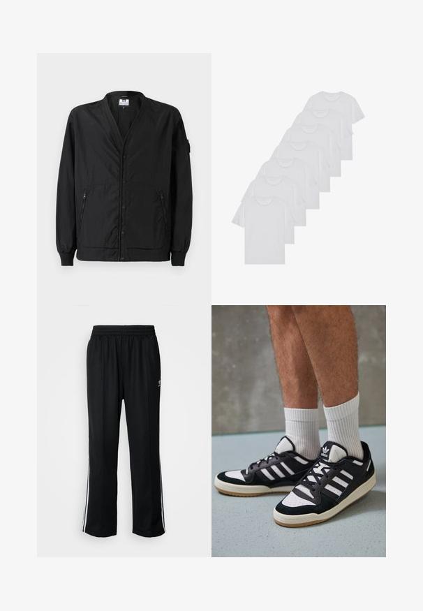 Zwarte lichtgewicht jas met een knoopsluiting aan de voorkant, ribbelboorden en twee ritszakken aan de zijkant. Heeft een relaxte pasvorm en een soepele textuur.; Witte katoenen T-shirts, korte mouwen, ronde halsontwerp, eenvoudige textuur, gestapeld in een rij, met subtiele branding bij de hals.; Zwarte sportbroeken met een elastische tailleband, voorzien van witte zijkanten en een klein logo. Het materiaal lijkt zacht en lichtgewicht te zijn.; Zwart-witte sneakers met een bovenwerk van suede en leer, voorzien van drie witte strepen, een geperforeerde neus en een rubberen gumzool.