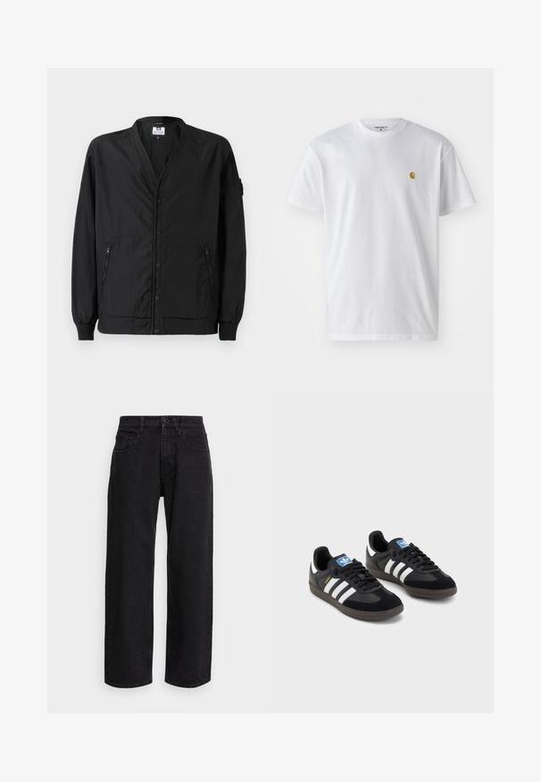 Must mustlane jakk nupu peale kinnitamisega, ribakattega varrukad ja kaks lukuga küljetaskut. Omab lõdvat lõiget ja sileda tekstuuri.; Valge puuvillane t-särk lühikeste varrukatega, ümmargune kaelus, millel on väike kuldne logo vasakul rinnal. Pehme tekstuur ja regulaarne lõike.; Mustad denim laiad põlvpüksid kõrge vöökohaga, viie-tasku ja nööp sulguri külge. Kanga pinna tekstuur on sile ja kerge venivusega.; Mustad tossud, mille pealseks on seemisnahk ja sünteetilised materjalid, kolme valge triibuga, tekstureeritud kummitald ja sinine logo silt keele peal.