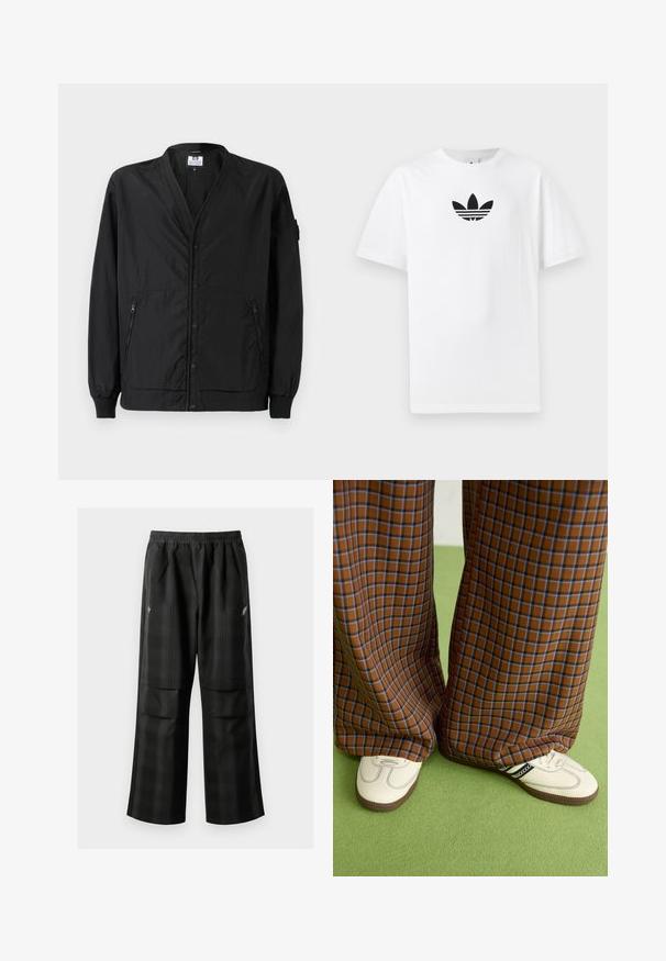 Zwarte lichtgewicht jas met een knoopsluiting aan de voorkant, ribbelboorden en twee ritszakken aan de zijkant. Heeft een relaxte pasvorm en een soepele textuur.; Witte katoenen T-shirt met een zwart Adidas-logo in het midden. Korte mouwen en een ronde hals. Gladde textuur.; Zwarte geruite broek met een elastische tailleband, twee voorzakken en een losse pasvorm met een rechte pijpdesign. Gemaakt van lichtgewicht materiaal.; Bruine en blauwe geruite wijde broek, gecombineerd met witte schoenen met zwarte accenten en een gestructureerde zool, gezet tegen een groene achtergrond.