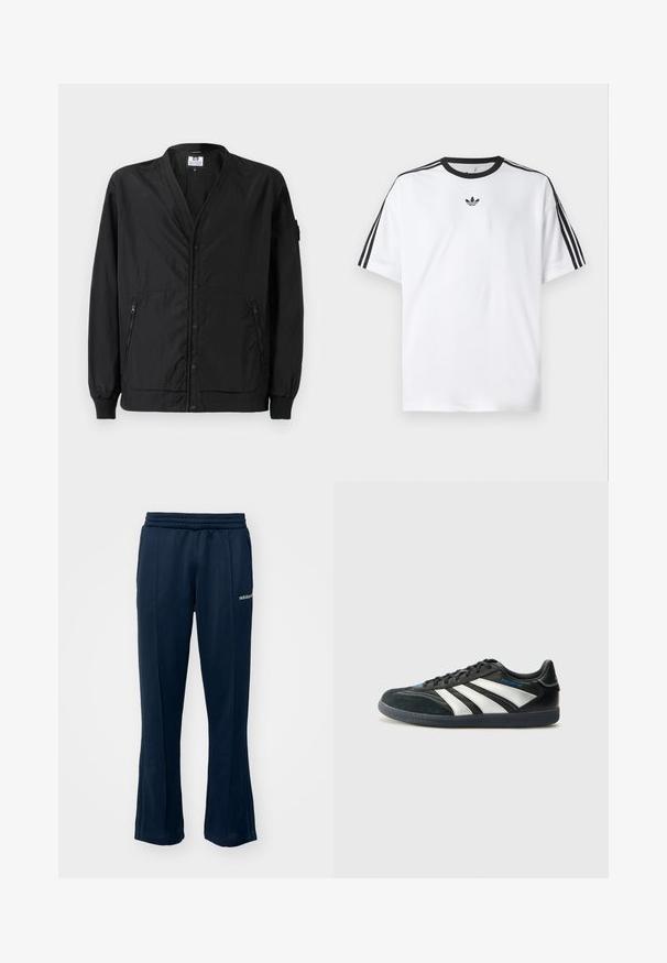 Black lightweight jacket with a buttoned front, ribbed cuffs, and two zippered side pockets. Features a relaxed fit and smooth texture.; White T-shirt made of cotton, featuring a black round neckline and three black stripes on each shoulder. Small black logo on the chest.; Navy sweatpants with an elastic waistband, straight legs, and subtle side seams. Features a small white logo on the left hip.; adidas Performance PREDATOR FREESTYLE JUDE INDOOR FOOTBALL SHOES - Indoor football boots - core black/silver-coloured/glory blue