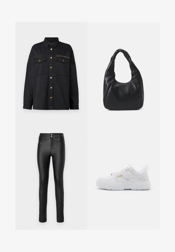 Black shirt jacket made of denim, featuring a button-down front, two chest pockets, and brass accents on pockets and buttons.; Black sweatshirt with a round neckline and long sleeves, featuring a relaxed fit and ribbed cuffs. Smooth fabric texture, no visible patterns.; Black, high-waisted skinny jeans made from a smooth, stretchy material. Two silver buttons at the waist and minimal stitching details.; White sneakers with a chunky design, featuring leather and synthetic materials, textured detailing, laces, and a prominent logo in gold.; Black hobo bag made of smooth leather-like material with a twisted handle, featuring a soft, rounded shape and a top zipper closure.; Silver hoop earrings with a twisted design, featuring a polished finish and post-back closure. Measure approximately 3 cm in diameter.