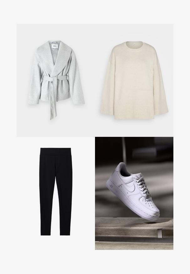 Šedý kabát se širokým klopem, dlouhými rukávy a zavazováním v pase; vyrobený z měkké, strukturované tkaniny.; Svetle béžový svetr vyrobený z měkké pleteniny, s kulatým výstřihem, spadlými rameny a žebrovanými detaily na lemu a rukávech.; Černé elastické legíny s širokým, měkkým pasem, s hladkým povrchem a přiléhavým střihem, vhodné pro různé aktivity.; Bílá teniska Nike Air Force 1 levitující nad betonovým povrchem s odstíny ve minimalistickém prostředí.