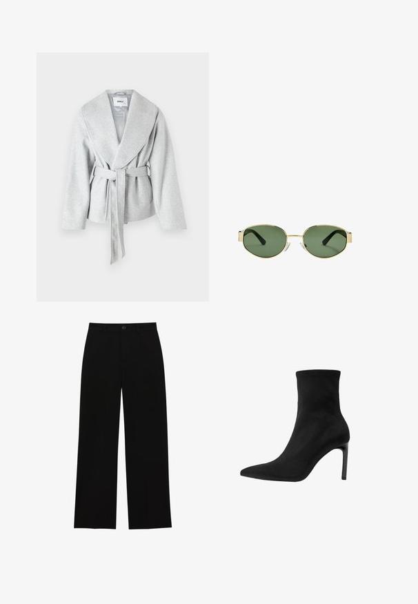 Sivý prehozový kabát s veľkým golierom, dlhými rukávmi a opaskom na páse; vyrobený z jemnej, štruktúrovanej látky.; Dvoje dlhých rolákov, jeden biely a jeden čierny, vyrobených z hladkej, elastickej tkaniny, obidva so slim-fit strihom a vysokými goliermi.; Čierne, vysoké, široké nohavice z hladkej látky, s plochým predným dielom, zapínaním na gombík a bez viditeľných vreciek.; Čierne členkové čižmy vyrobené z hladkej semišovej kože, s špicatou špičkou a vysokým ihlovým podpätkom. Plynulý, minimalistický dizajn bez ozdôb.; Slnko zlatohnedých kovových rámových okuliarov s zelenými tónovanými sklami, oválnym tvarom, čiernymi stranami a priehľadnými nosnými podložkami. Čistý, minimalistický dizajn.; Hnedá semišová kabelka so zlatým štvorcovým uzávery, hornou rukoväťou a reťazovým popruhom. Má obdĺžnikový tvar a zaoblené okraje.