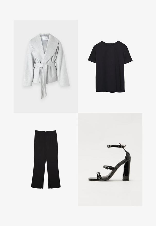 Harmaa kietaisutakki, jossa on suuri kaulus, pitkät hihat ja vyölenkki vyötäröllä; valmistettu pehmeästä, tekstuuripinnoitteisesta kankaasta.; Yksinkertainen lyhythihainen musta puuvillapaidan t-paita, jossa on pyöreä kaula-aukko, esitetty valkoisella taustalla.; Mustat housut suoralinjaisella leikkauksella, joissa on etutaskut ja sivurei'ät helman alla. Valmistettu pehmeästä ja sileästä kankaasta. Sopii eri tilaisuuksiin.; Musta kiiltäväpintainen korkokengät, joissa on kaksi solkikiinnitystä, neliönmuotoinen kärki ja paksu korko, sileällä, kiiltävällä pintarakenteella.