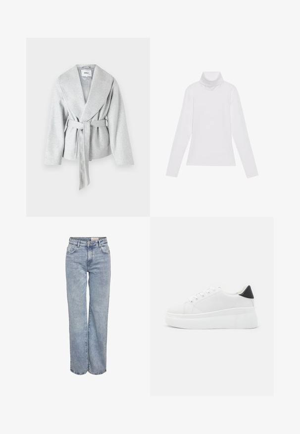 Szürke, nagy gallérral ellátott, hosszú ujjú köpeny, deréknál megkötő övvel; puha, strukturált anyagból készült.; Fehér, hosszú ujjú, garbónyakú felső sima, rugalmas anyagból készült. Magas nyakkal és testhezálló fazonnal rendelkezik, látható minták vagy díszítések nélkül.; Világoskék, bő szárú farmernadrág, magas derékkal, öt zsebes kialakítással és finom kopással, amely megadja a viselt megjelenést.; Fehér platform sportcipők sima szintetikus anyagból, lekerekített orral, fűzős kialakítással és texturált gumitalppal. Fekete sarokdísz.