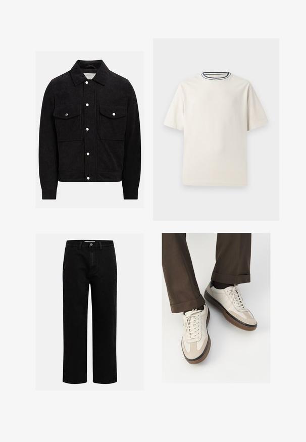 Sort corduroyjakke med spidse krave, to knap-lukkede brystlommer og trykknapper foran og ved ærmerne. Tekstureret stof.; Cremefarvet bomulds t-shirt med korte ærmer, der har en rund halsåbning accentueret med marineblå og hvide striber. Glat tekstur, afslappet pasform.; Sorte denimbukser med lige pasform, klassisk fem-lomme design og knaplukning i taljen. Glat tekstur og holdbart stof.; Beige sneakers med en struktureret ruskind front, glatte lædersider og en brun gummisål. Snørebånd og let stikning er inkluderet.