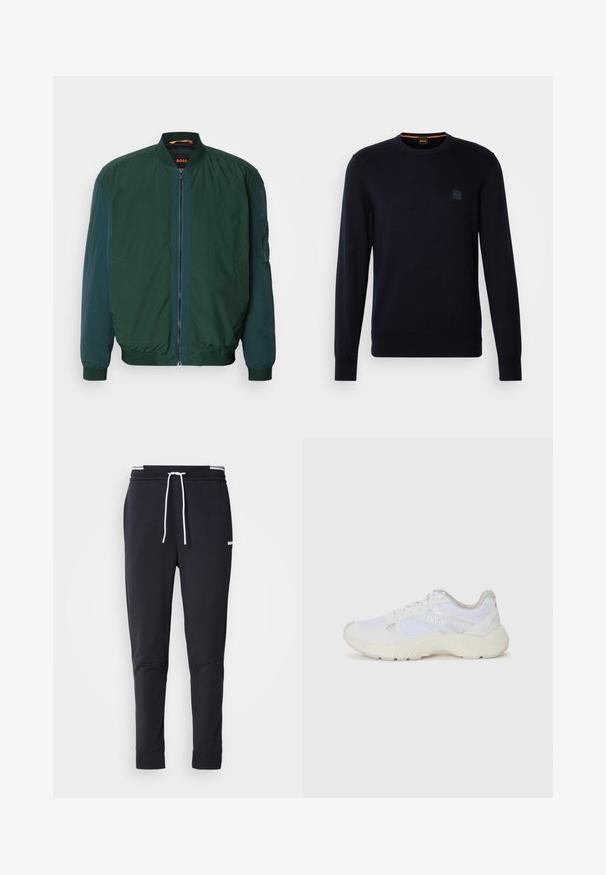 Grøn bomberjakke med lynlås foran, ribbede manchetter og en blød tekstur. Indeholder sidelommer og en kontrasterende indvendig foring.; Marineblå strikket trøje med lange ærmer, rund halsudskæring, ribbede manchetter og kant, med et lille firkantet logo-patch på brystet.; Sorte slim-fit joggingbukser med hvid snor, elastisk talje med hvide striber og lille hvidt logo på den øverste lår.; Hvide sportssko lavet af mesh og ruskind, med en struktureret mellemsål, strukturerede detaljer og "HUGO"-logoet på siden.