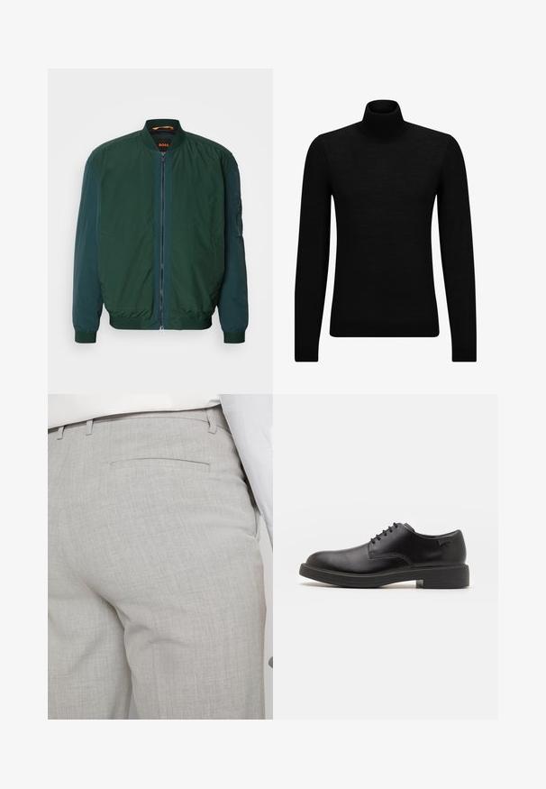 Zöld bomber dzseki, cipzárral elöl, bordás mandzsettákkal és puha tapintással. Oldalsó zsebekkel és kontrasztos belső béléssel rendelkezik.; Fekete garbó pulóver puha anyagból, hosszú ujjakkal és szoros fazonnal. Ribbed díszítés az alján és az ujjak végén. Egyszerű dizájn.; Világosszürke, texturált anyagból készült szabott nadrág, egyetlen hátsó zsebbel és tiszta varrással.; Fekete bőrcipő, kerek orrú, sima felületű, minimális varrással és alacsony gumitalppal. Logó a sarokrészen.