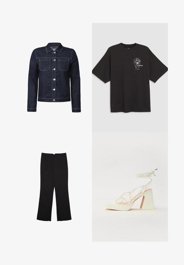 Tumma farkkutakki, jossa on nappikiinnitys edessä, kaksi rintataskua, hopeiset napit ja kontrastivärinen ompelu. Tavanomainen kaulus ja pitkät hihat.; Mustapaita, jossa on lyhyet hihat, kädessä oleva graafinen kuva ja valkoinen teksti "Levi's LA LUNE" vasemmassa rintakohdassa.; Mustat housut suoralinjaisella leikkauksella, joissa on etutaskut ja sivurei'ät helman alla. Valmistettu pehmeästä ja sileästä kankaasta. Sopii eri tilaisuuksiin.; Valkoinen korkokenkä, jossa on paksu korko, ja joka sisältää nauhakiinnityksen ja nilkkaketjun. Sujuva pinta, jossa on platform-etupohja lisäkorkeutta varten.