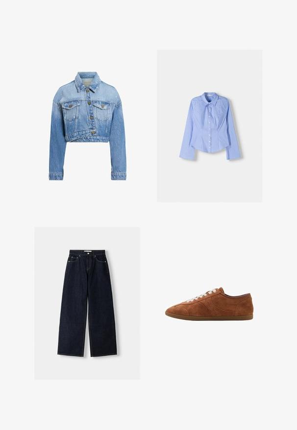 Lyhyt sininen farkkutakki, jossa on kaksi rintataskua, metallivetimet ja viistetty kaulus. Kurttuisella kankaalla, jossa on haalistunut pinta.; Siniraitaiset sinivalkoiset pitkähihaiset nappipaidat, joissa on levitetty kaulus, istuva mitoitus ja kaareva helma. Kankainen puuvillamateriaali.; Tummansiniset farkut, joissa on leveät lahkeet ja korkea vyötärö, viisi taskua, kontrastiväriset saumat ja hopeiset metalliosat. Sileä pinta ja siisti viimeistely.; Ruskeaa mokkanahkasnekkareita, joissa on valkoiset nauhat, pyöreä kärki ja teksturoituja yksityiskohtia. Varustettu matalalla profiililla ja kumipohjalla, jossa on sileä pinta.