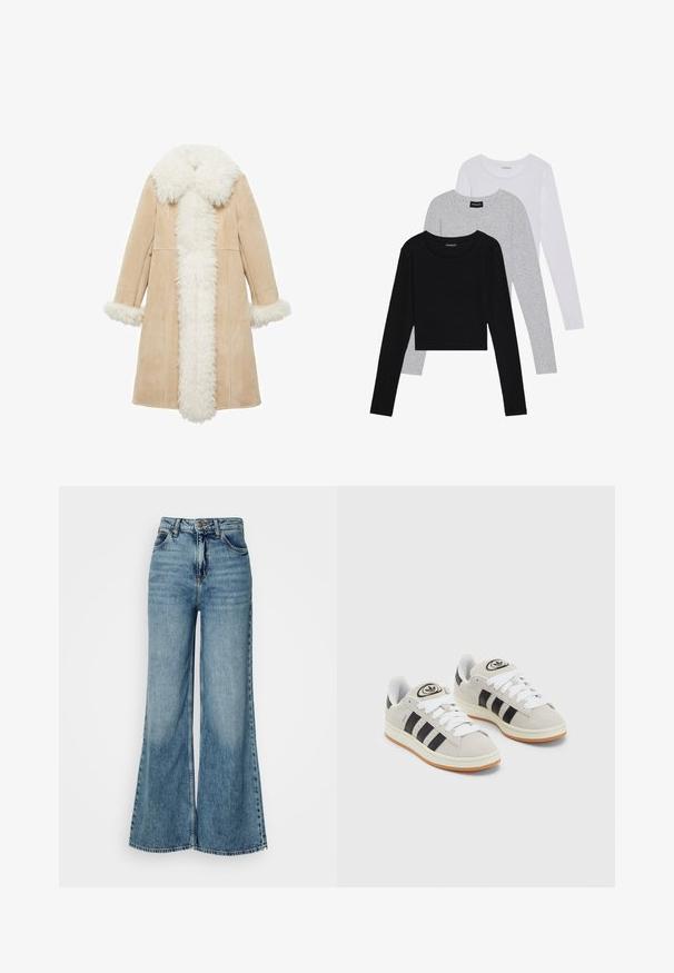 Mango PENYLANE - Wintermantel - beige; Drei langärmelige Oberteile gestapelt: schwarz, grau und weiß. Jedes hat einen runden Halsausschnitt und ein kurzes Design aus glattem, leichtem Stoff.; Hoch taillierte, hellblaue weite Jeans mit Fronttaschen und Knopfverschluss, vor einem schlichten weißen Hintergrund gezeigt.; Graue Wildledersneaker mit weißen Schnürsenkeln, schwarzen Streifen und einer weißen Gummisohle. Merkmale sind ein kreisförmiges Logo auf der Zunge und eine Gummisohle.