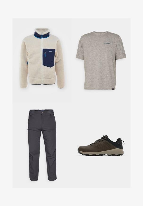 Beige fleecejakke med marineblå detaljer, fuld frontlynt, høj krave og en venstre brystlomme. Har tekstureret stof og blå accentlynlåse.; Grå kortærmet t-shirt lavet af blødt, struktureret stof med et lille blåt Patagonia-logo på venstre bryst. Ingen yderligere mønstre.; Mørkegrå bukser lavet af holdbart stof, med en lynlåslomme, lige snit og bæltestropper for justerbar pasform.; Brune vandtætte sneakers med en tekstureret overflade, perforerede akcenter, sort hælunderstøttelse og en grå gummisål. Snørebåndene er udsmykket med metalender.