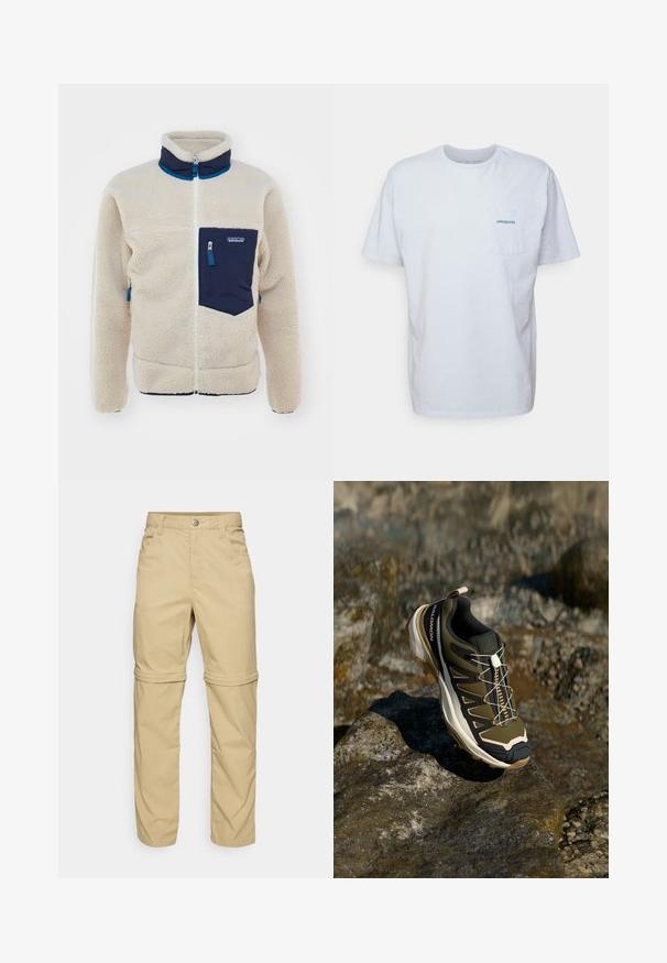 Beige fleece-takki, jossa on tummansinisiä yksityiskohtia, koko edestä avautuva vetoketju, korkea kaulus ja vasemmassa rinnassa tasku. Takissa on teksturoitua kangasta ja siniset vetoketjut.; Valkoinen puuvillapaita lyhyillä hihoilla, pyöreällä kaula-aukolla ja vasemmalla rintataskulla, jossa on sininen "Patagonia" -logo. Klassinen istuvuus ja sileä tekstuuri.; Beige-harmaat, joissa on sileä pinta, kaksi sivutaskua, napin suljinta ja käärittävät hihansuut monikäyttöisyyttä varten.; Vaelluskengät oliivinvihreänä ja mustana, pinkeillä yksityiskohdilla. Ominaisuuksiin kuuluu teksturoitu yläosa, joustava pohja, vahvistettu varvasosa ja värikäs nauhoitusjärjestelmä.