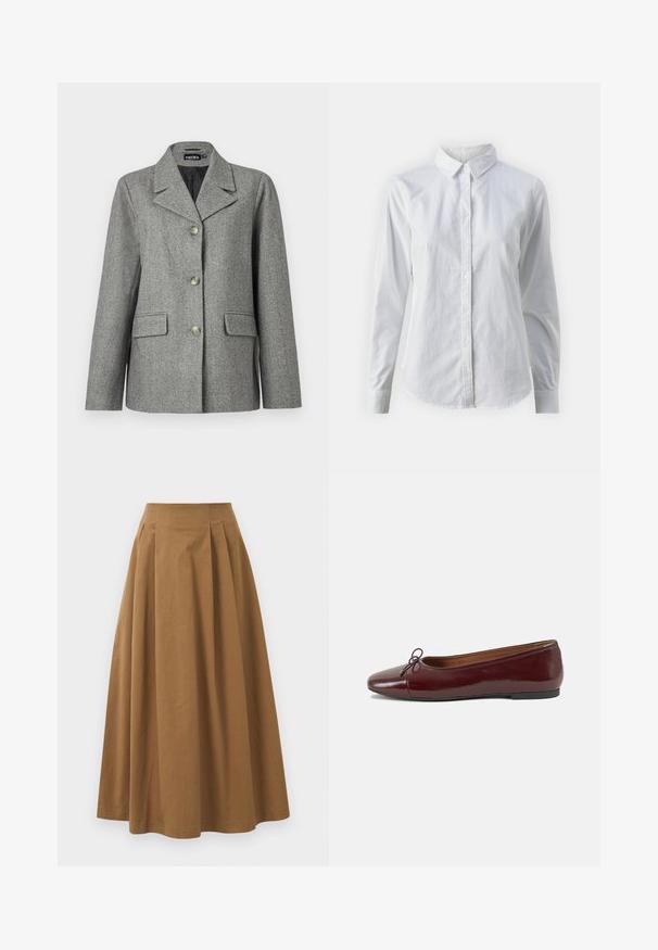 Blazer cinza em espinha de peixe com gola notched, fechamento de três botões, dois bolsos frontais e um corte estruturado. Tecido suave e design ajustado.; Camisa branca de botão feita de algodão suave, com colarinho clássico, mangas longas e bainha curva. Os botões são pequenos e brancos.; Saia A-line de algodão castanho com cintura alta, apresentando pregas na parte da frente e uma textura suave. As bordas da bainha são limpas e simples.; Bailarinas em couro sintético borgonha com bico redondo, pequeno laço na frente e sola baixa em borracha preta. Textura suave.