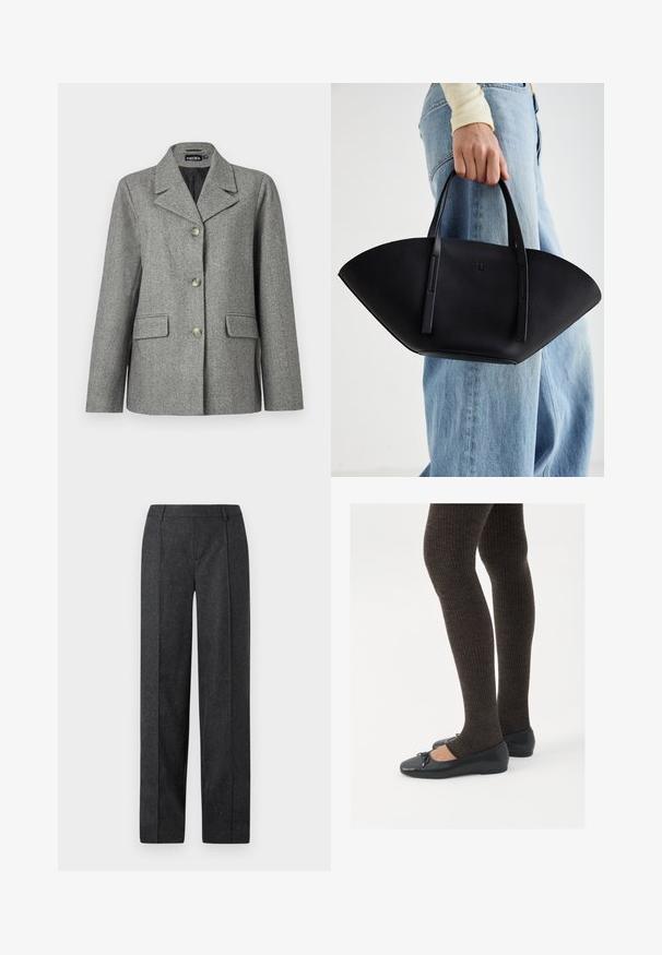 Grå fiskebensmønster blazer med notched krage, tre knappelukkinger, to frontlommer og en strukturert passform. Glatt stoff og skreddersydd design.; Hvit skjorte med lange ermer og bølgede kanter på ermene, en Peter Pan-krage med en knyttet sløyfe og knappede ermer.; Mørk grå skreddersydde bukser med rett ben-design, teksturert stoff og subtile partikler. Har flat front og beltehemper.; Sorte flate sko med en liten sløyfedetalj på tåen, kombinert med mørkebrune ribbede strømpebukser. Skoene har en glatt overflate og lav profil.; Svart skinnveske med en unik vifteform, med flate håndtak. Overflaten har en pebblelignende tekstur og et minimalistisk design.