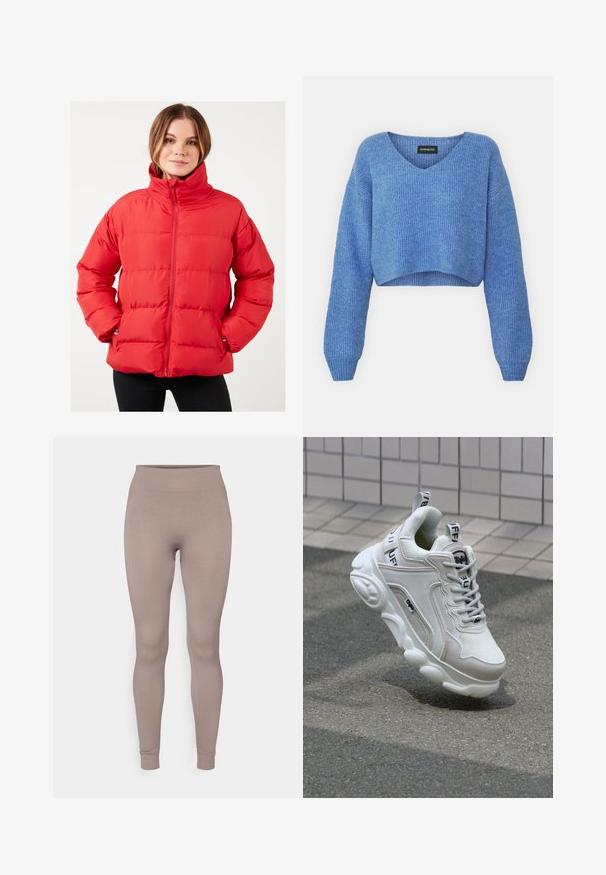 Rød puffjakke med høj krave, vandret søm, lynlås og sidelommer. Fremstillet af glat, letvægtsstof.; Blå cropped sweater med V-hals, ribbet tekstur og lange ermer. Lavet af blødt materiale. Mærke: even&odd.; Ribbet leggings i en blød taupe farve, med høj talje, smal pasform og tætsiddende ankler. Fremstillet af et tekstureret, strækbart stof.; Hvide sneakers med mesh- og lædermaterialer, rund tå, tyk sål, fremtrædende snørebånd og branding på hælen og tungen.