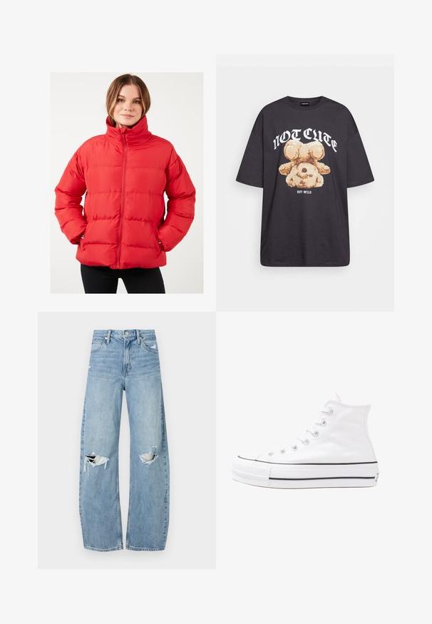 Rode pufferjack met een hoge kraag, horizontale stiksels, ritssluiting en zijzakken. Gemaakt van gladde, lichte stof.; Zwart oversized t-shirt met een afbeelding van een beer en de tekst "NIET SCHATTIG, MAAR WILD" in grote, witte letters. Gemaakt van katoen.; Lichtblauwe, hooggeritste jeans van denim. Beschikken over wijde pijpen, twee gescheurde knievalken en klassieke vijfzakken styling.; Witte high-top canvas sneakers met een zwarte rubberen zool, een rubberen neuskap aan de voorkant en zes gaatjes voor veters, met een schone, minimalistische uitstraling.
