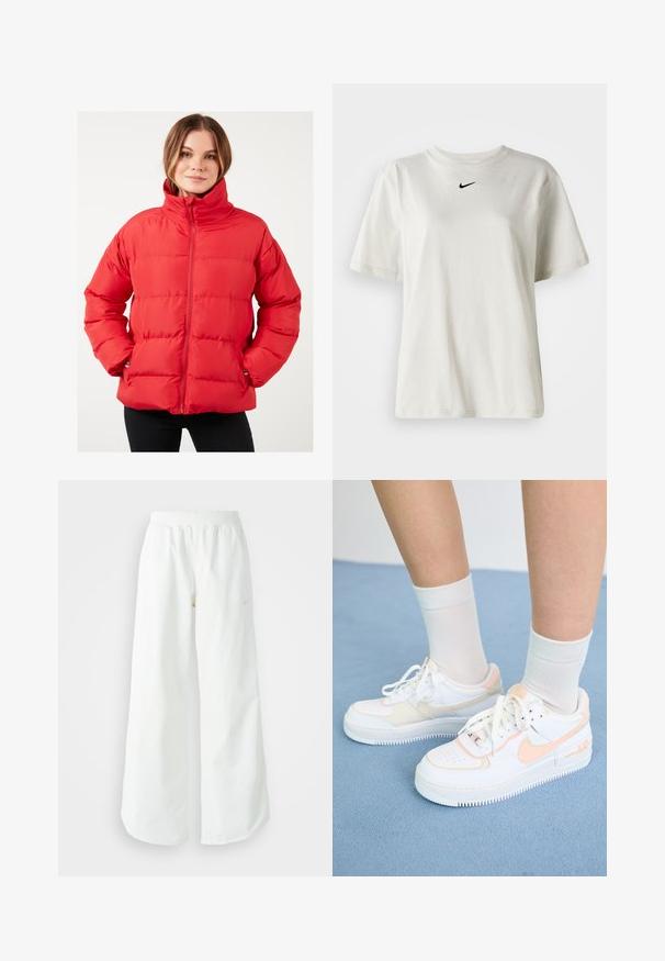 Sarkans pūkains džempers ar augstu apkakli, horizontālo šuvju, ar rāvējslēdzēju un sānu kabatām. Izgatavots no gludas, vieglas auduma.; Balts kokvilnas T-krekls ar apaļu kakla izgriezumu un īsām piedurknēm. Uz krūtīm ir neliels melns Nike logo. Vienkāršs un bez rotājumiem dizains.; Baltas, platais sporta bikses ar ribotu jostasvītru un smalku logotipa detaļu. Gluda auduma ar brīvu piegriezumu un sašaurinātu apakšdaļu.; Baltas brīvlaika apavi ar persiku akcentiem, gluda ādas virsma, perforēts purngals, strukturēta zole un šnūrītes. Valkāti ar baltām augstām zeķēm uz zilas virsmas.