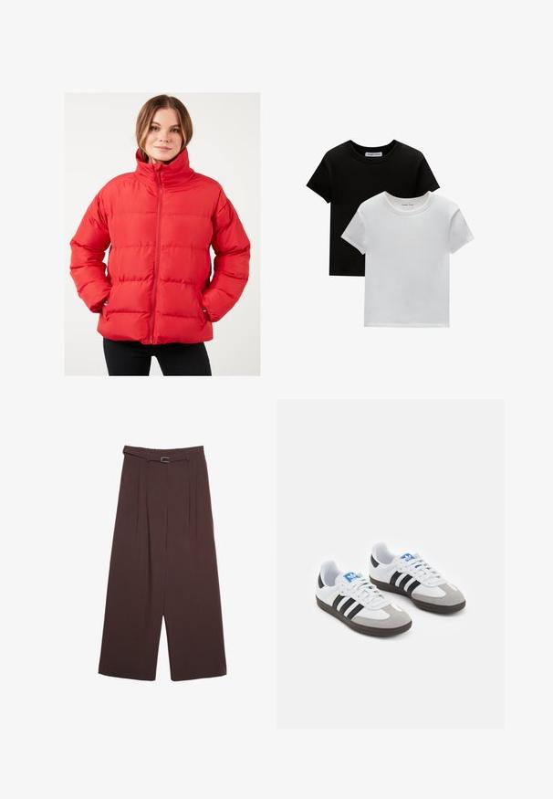 Rdeča napihnjena jakna z visokim ovratnikom, horizontalnim šivanjem, zadrgo in stranskimi žepi. Narejena iz gladkega, lahkega materiala.; Dve majice s okruglim izrezom, crne in bele barve, narejene iz bombaža. Imajo kratke rokave in enobarven dizajn brez vzorcev ali dodatkov.; Stradivarius WIDE-LEG WITH BUCKLE DETAIL - Hlače - dark brown; Športni čevlji z belim usnjenim zgornjim delom, sivim semišem na prstih in tremi črnimi črtami. Imajo modro logo na jeziku in teksturiran gumijast podplat.