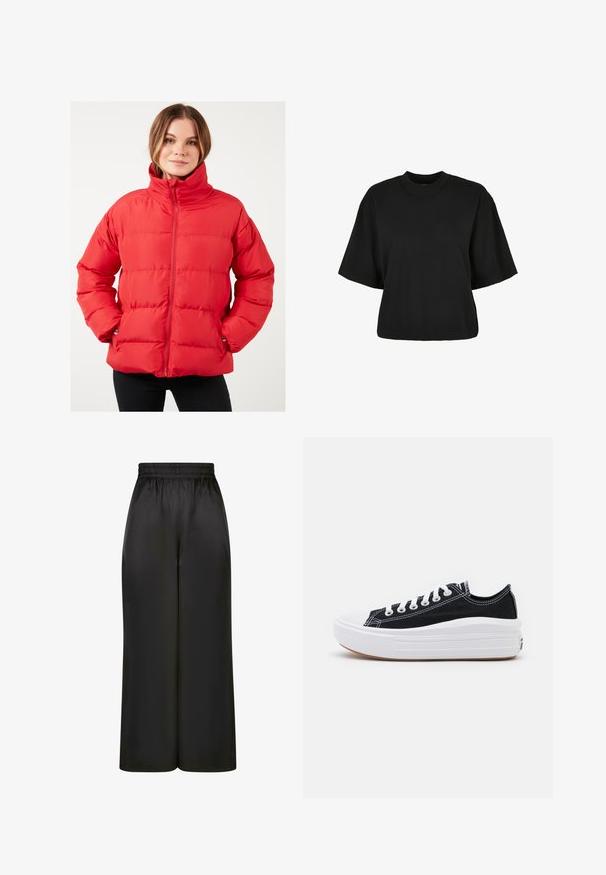 Jachetă puffer roșie cu guler înalt, cusături orizontale, închidere cu fermoar și buzunare laterale. Fabricată dintr-un material neted și ușor.; Tricou scurt, negru, din bumbac. Are mâneci scurte și un decolteu rotund. Textură netedă cu un design simplu, fără modele adiționale.; Pantaloni negri cu picioare largi, fabricați dintr-un material neted și lucios, cu un elastic la talie și fără buzunare vizibile sau detalii metalice.; Adidași negri din pânză cu șireturi albe, vârf alb din cauciuc și o talpă medie groasă albă. Prezintă cusături subtile albe și o talpă din cauciuc.