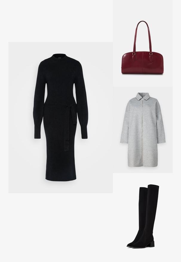 Palton gri din lână, cu guler, fermoar pe toată lungimea și mâneci lungi. Textură moale și lungime sub genunchi. Design minimalist, fara embellishment-uri.; Rochie tricotată neagră, cu mâneci lungi, guler înalt și un cordon la talie. Silueta este ajustată, cu un tiv drept de lungime midi.; Cizme negre până la genunchi, realizate dintr-un material moale și texturat. Prezintă un toc bloc, vârf ascuțit și detalii cu cusături vizibile.; Zign LEATHER - Geantă de mână - dark red