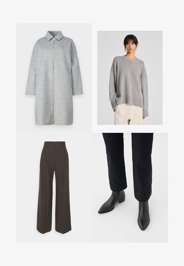 Hallhailine villane mantli kraega, täispikkuselt lukuga ja pikkade varrukatega. Pehme tekstuur ja põlve all ulatuv pikkus. Minimalistlik disain ilma kaunistusteta.; Halli kootud sveter, millel on vabalt langev lõige, ümar kaelus, soonikuga mansetid ja ääred. Pehme tekstuur ning õrn kootud muster. Kombineeritud heledate pükste kanssa.; Tumepruunid lai jalad püksid kõrge vöökohaga, millel on korralikult pressitud kortsud, sile tekstuur ja täpselt sobiv lõige.; Mustadast nahast pahkluu saapad, terava nina, ploki konts ja tekstuuriga külgpaneelid, kantud tumedate pükste juurde valge taustaga.