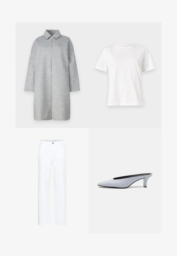 Manteau en laine grise avec un col, fermeture éclair sur toute la longueur et manches longues. Texture douce et longueur sous le genou. Design minimaliste sans embellissements.; T-shirt en coton blanc à manches courtes, col rond et coupe décontractée. Texture lisse, sans motifs ni accents, design minimaliste.; Jeans blancs à jambes larges en denim. Présentent une fermeture à bouton et un design traditionnel à cinq poches. Texture lisse avec une finition soignée.; Mule en cuir verni bleu clair avec un orteil pointu, un petit talon transparent et un design épuré mettant en valeur une découpe au cou-de-pied.