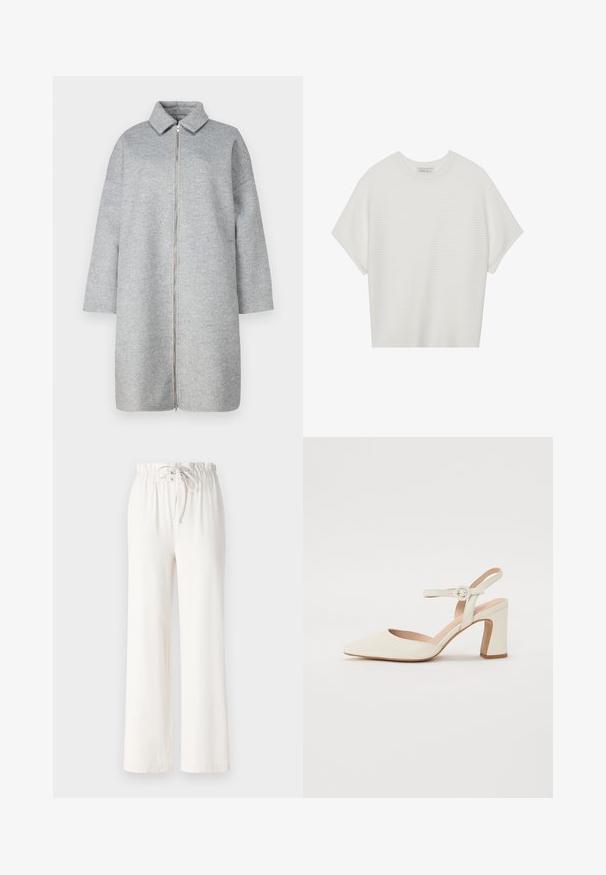 Gray wool coat with a collar, full-length zipper, and long sleeves. Soft texture and below-knee length. Minimalist design with no embellishments.; White short-sleeve t-shirt with a wide crew neck and textured ribbed pattern, made of soft fabric, featuring a relaxed fit and a clean design.; White wide-leg pants made of soft fabric, featuring a drawstring waist and smooth texture. No patterns or embellishments visible.; Pointed-toe, cream-colored pump with a block heel. Features a thin ankle strap with a round buckle and a smooth leather texture.