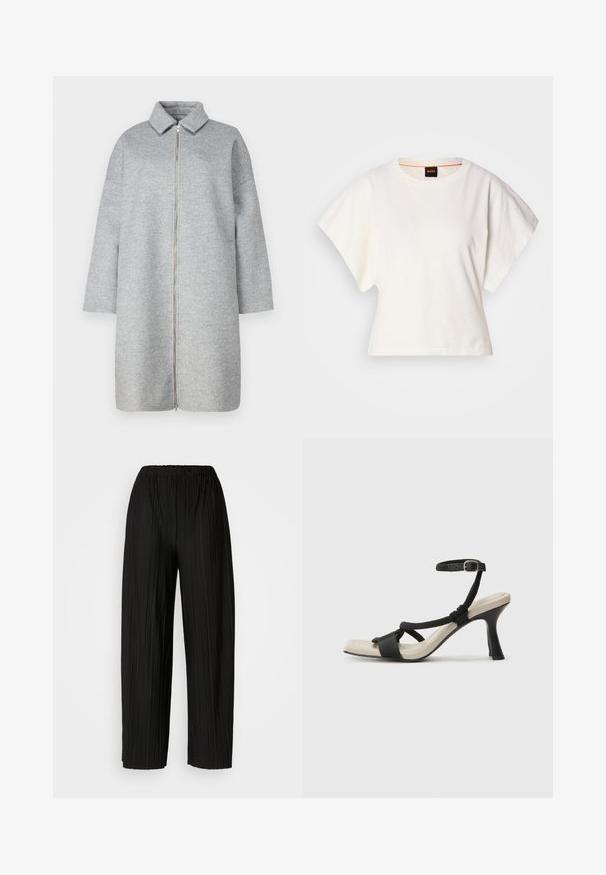 Cappotto grigio in lana con colletto, chiusura lampo a tutta lunghezza e maniche lunghe. Tessuto morbido e lunghezza sotto il ginocchio. Design minimalista senza decorazioni.; T-shirt bianca cropped, maniche corte e larghe, tessuto di cotone morbido, scollatura rotonda con bordino arancione sottile, design minimale, senza motivi o grafiche.; Pantaloni neri a gamba larga plissettati con vita elastica. Il tessuto presenta pieghe verticali e una consistenza liscia.; Sandal con tacco nero e design con cinturino intrecciato, punta quadrata e cinturino alla caviglia regolabile. Soletta beige chiaro con tacco nero lucido.