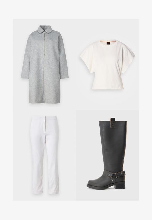 Gray wool coat with a collar, full-length zipper, and long sleeves. Soft texture and below-knee length. Minimalist design with no embellishments.; White cropped T-shirt, short wide sleeves, soft cotton material, round neckline with subtle orange trim, minimal design, no patterns or graphics.; White cotton pants with a straight leg design, featuring a mid-rise waist and no visible hardware or patterns. Smooth texture throughout.; Black leather knee-high boot with a textured finish, featuring a side buckle accent and a low heel. Detailed stitching along the seams.