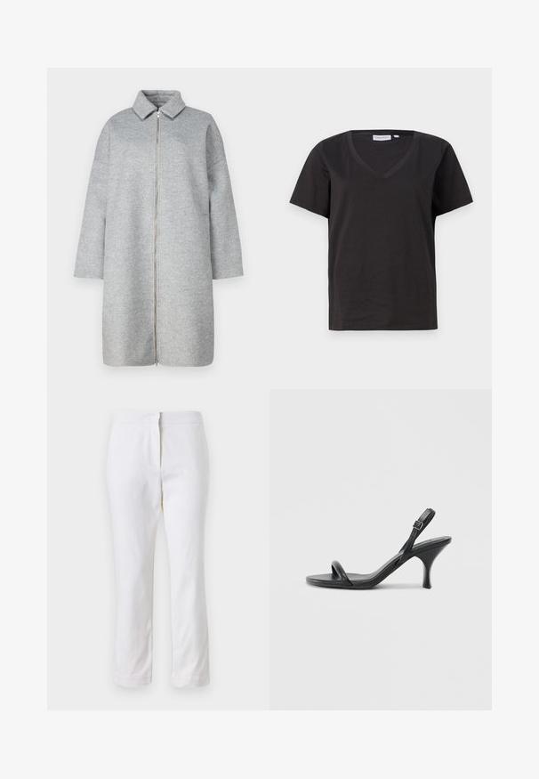 Manteau en laine grise avec un col, fermeture éclair sur toute la longueur et manches longues. Texture douce et longueur sous le genou. Design minimaliste sans embellissements.; T-shirt en coton noir avec un col en V et des manches courtes. Design simple avec une coupe régulière et sans motifs ni accents.; Pantalons en coton blancs avec une coupe droite, dotés d'une taille mi-haute et sans matériel ou motifs visibles. Texture lisse sur l'ensemble.; Sandales à talons hauts en cuir noir avec un talon fin et courbé et un design de brides croisées. Bride de cheville réglable. Texture lisse.