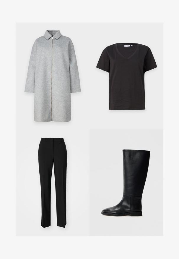 Szürke gyapjúkabát, gallérral, teljes hosszúságú cipzárral és hosszú ujjakkal. Puha tapintású, térd alatt ér. Minimalista dizájn, díszítés nélkül.; Fekete pamut póló V-nyakkal és rövid ujjakkal. Egyszerű dizájn, normál fazon, minta vagy díszítés nélkül.; Fekete, testhezálló nadrág egyenes szárú kivitelben, sima textúrával és éles redőkkel az elején. Nincs látható fémalkatrész.; Fekete bőrből készült, térd fölé érő csizma, lekerekített orral, sima felülettel, minimalista dizájnnal és lapos talppal. Egyszerű varrási részletek a szárán.