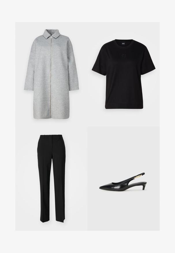 Grå uldfrakke med krave, fuldlængde lynlås og lange ærmer. Blød tekstur og længde til under knæene. Minimalistisk design uden udsmykninger.; Sort bomulds t-shirt med rund halsudskæring, korte ærmer og et broderet logo på brystet. Enkel, afslappet pasform uden mønstre.; Sorte skræddersyede bukser med lige ben-design, der har en glat tekstur og skarpe folder langs fronten. Ingen synlige hardware.; Sorte læder slingback hæle med spids tå, der har en slank hæl og en guldfarvet detalje på den justerbare rem. Glat tekstur.
