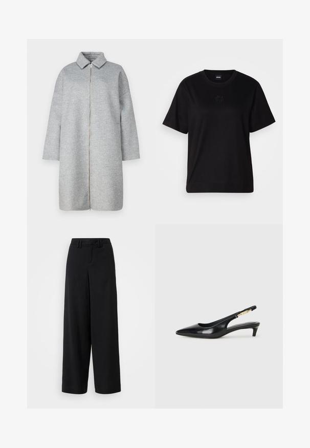 Abrigo de lana gris con cuello, cremallera de largo completo y mangas largas. Textura suave y largo por debajo de la rodilla. Diseño minimalista sin adornos.; Camiseta de algodón negra con cuello redondo, mangas cortas y un logo bordado en el pecho. Ajuste simple y relajado sin patrones.; Pantalones de pierna ancha negros, hechos de una tela suave, con un diseño de frente plano, detalles plisados y trabillas en la cinturilla.; Tacones negros de piel sintética tipo slingback con punta afilada, que cuentan con un tacón delgado y un detalle en tono dorado en la correa ajustable. Textura suave.