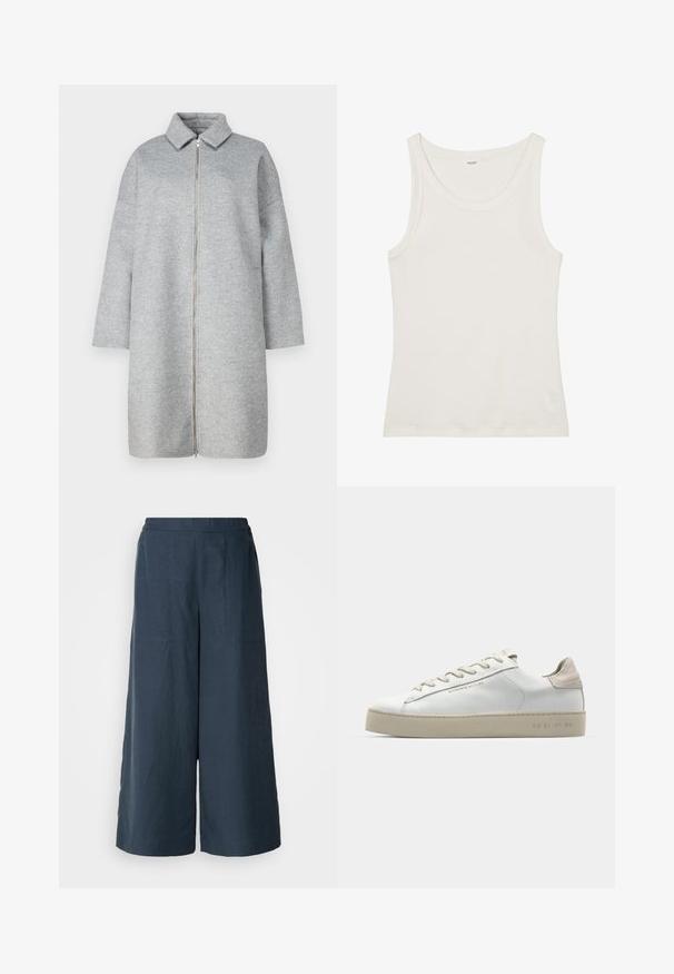 Grauer Wollmantel mit Kragen, durchgehendem Reißverschluss und langen Ärmeln. Weiche Textur und knielange Länge. Minimalistisches Design ohne Verzierungen.; Weißes Baumwolltanktop mit weitem Ausschnitt und dünnen Schulterträgern. Glatte Textur ohne sichtbare Muster oder Verzierungen.; Weite Beinhosen in Marineblau, aus leichtem Stoff. Mit einer leicht strukturierten Oberfläche, elastischem Bund und Vordernähten.; Weiße Leder-Sneaker mit glatter Oberfläche, beigen Wildleder-Akzenten, runder Zehenpartie, flachem Schnürdesign und einer strukturierten Gummisohle.