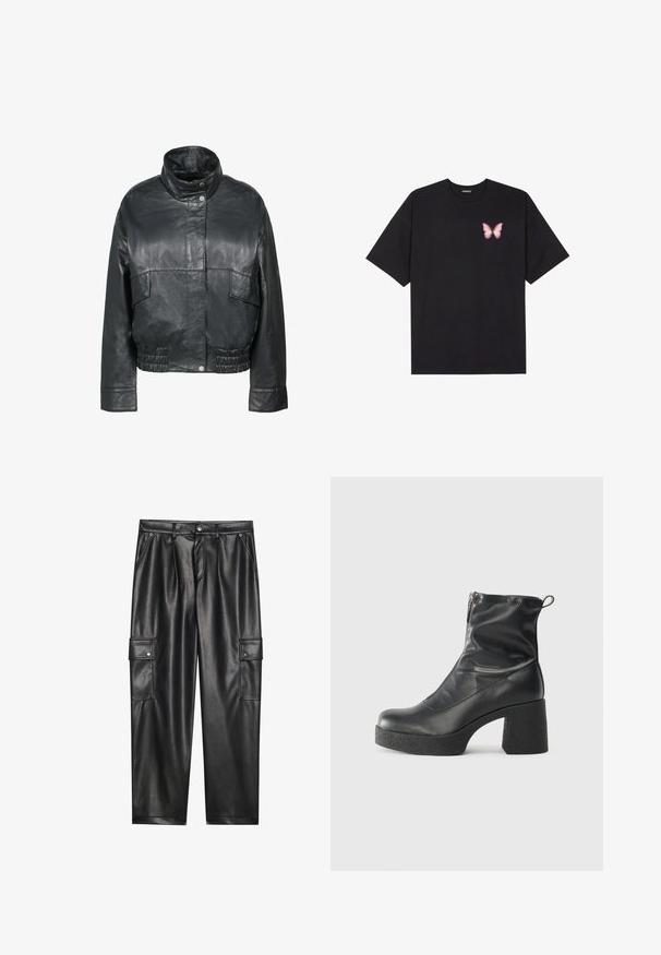 Freaky Nation BESSI - Nahkatakki - black; Musta puuvillapaita lyhyillä hihoilla, jossa on pieni vaaleanpunainen perhosgrafiikka vasemmassa rinnassa. Pyöreä kaula-aukko ja rento istuvuus.; Mustat tekonahka cargo-housut, joissa on korkea vyötärö, kaksi sivutaskua ja kaksi nappikiinnitteistä cargo-taskua reidellä. Sujuva kangas ja räätälöity muotoilu.; Mustat nilkkurit, jotka on valmistettu sileästä nahasta. Niissä on sivuvetoketju, paksu teksturoitu korko ja pyöristetty kärki.