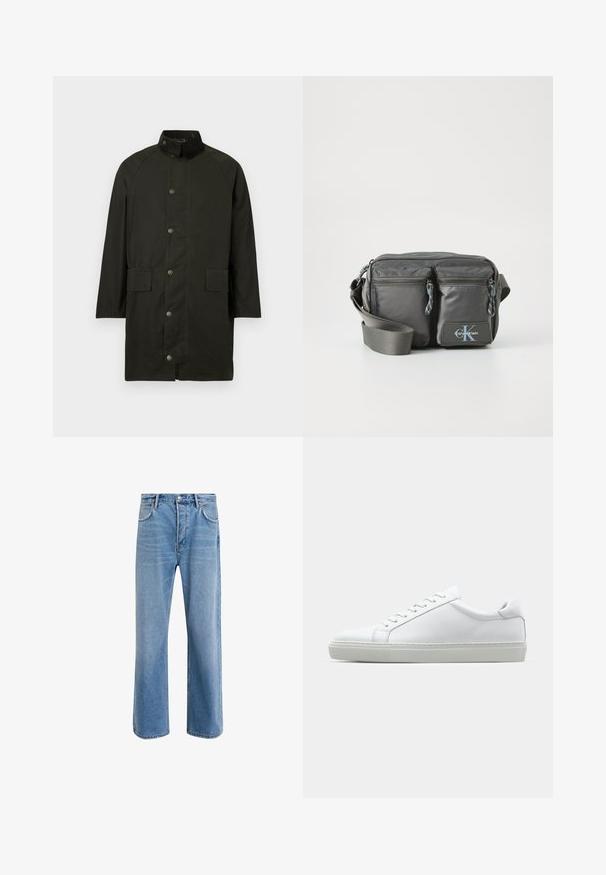 Sötétzöld hosszú kabát, elöl patentgombokkal, két zsebkendőzsebbel és sötét szegéllyel, fehér háttér előtt bemutatva.; Hosszú ujjú, állógalléros ing világos krém színű pamutból. Sima textúra, laza fit, minimalista dizájn, nincs látható minta vagy kiegészítő.; Világoskék farmernadrág, egyenes szárú fazonnal, öt zsebbel, gombos záródással, minimális kopással és kontrasztos varrással.; Fehér sportcipő sima bőr felső résszel és alacsony profilsal. Kerek orr, hat fűzőlyuk és barázdált gumitalp jellemzi.; Szürke nylon keresztpántos táska két cipzáras elülső zsebbel, állítható pánttal és logó kiemeléssel. Simaság jellemzi, modern dizájnnal.