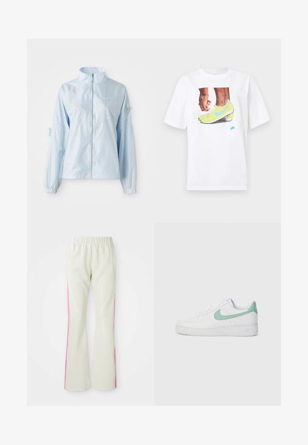 Casaco azul claro com fecho éclair, colarinho alto, punhos elásticos, delicada bordadura de borboleta nas mangas e pequeno logótipo da Nike no peito.; T-shirt branco de algodão com uma gráfica de pés em chuteiras Nike amarelas com detalhes azuis, combinado com uma pulseira no pulso esquerdo.; Calças bege claras com uma cintura elástica, apresentando painéis laterais cor-de-rosa e bolsos laterais. Textura suave com um design de perna reta.; Shoe de couro branco com um swoosh e tab de calcanhar em verde menta da Nike, sola texturizada e design clássico de atacadores.