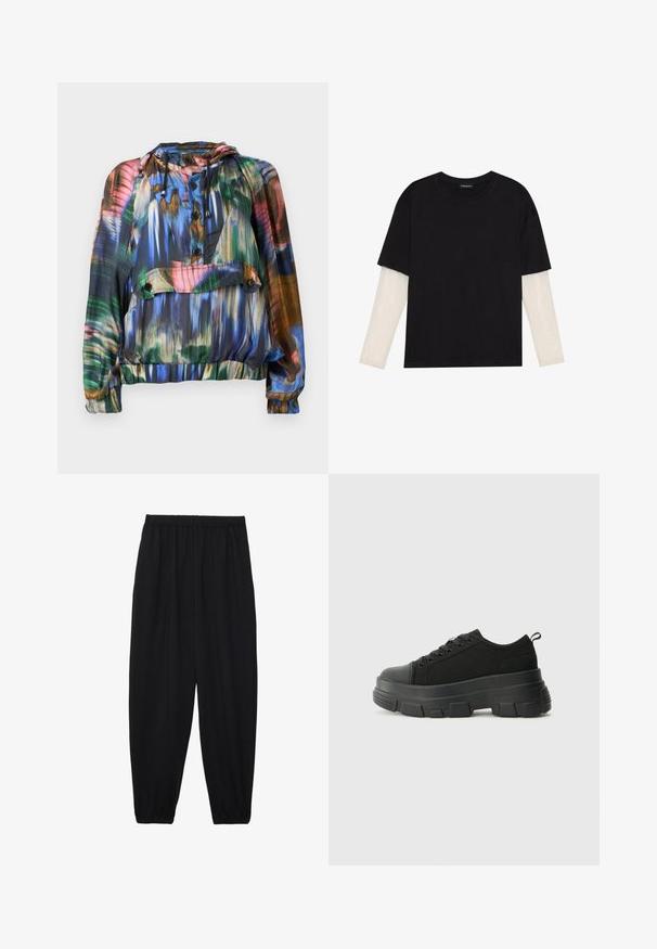 Farverig, letvægtsjakke med hætte; har abstrakte mønstre i blå, grøn og rød, knaplukning foran samt elastisk kant og ærmer.; Sort T-shirt lavet af bomuld, med korte ærmer over et hvidt langærmet lag med et subtilt tekstureret mønster. Design med rund hals.; Sort, lette bukser med elastisk talje og sammenfoldede ankler. Stoffet er glat og har et afslappet, indsnævret design.; Sorte sneakers med en kraftig gummisål, tekstureret stofoverdel, rund tå og snørredesign. Har forstærkede snørrehuller og en trækkrog bagpå.