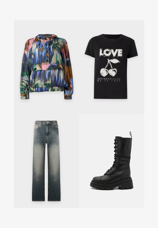 Colorful, lightweight jacket with a hood; features abstract patterns in blue, green, and red, button front, and elasticized hem and cuffs.; Black cotton t-shirt featuring a white graphic print of the word "LOVE" and two cherries with a heart shape, along with brand text and date.; High-waist straight-leg jeans with faded light and dark denim wash and classic five-pocket design.; Black leather lace-up boots with a chunky lug sole, high shaft, and textured surface, featuring metallic eyelets and a pull tab.