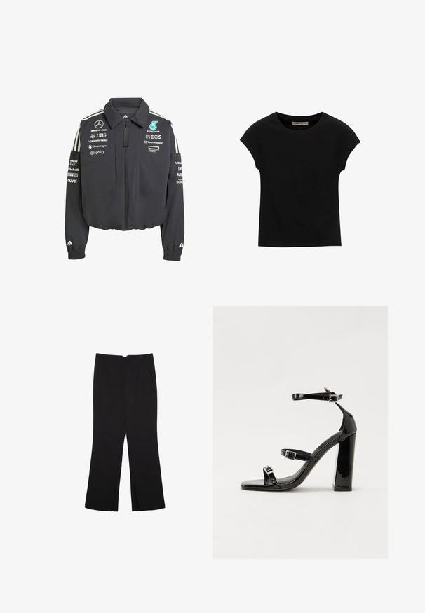 Zkrátená čierna bunda so zapínaním na zips, ktorá má biele pruhy na pleciach, viacero log značiek a elastické manžety.; Čierne tričko s krátkym rukávom vyrobené z mäkkého materiálu, s okrúhlym výstrihom a voľným strihom, s hladkou textúrou a bez vzorov.; Čierne nohavice so strihom rovného strihu, s prednými vreckami a bočnými rozparkami na leme. Vyrobené z mäkkej, hladkej tkaniny. Vhodné na rôzne príležitosti.; Čierne lakované sandále na podpätku so štvorcovou špičkou, navlečenými remienkami okolo členku a striebornými prackami. Disponujú masívnym blokovým podpätkom pre stabilitu.