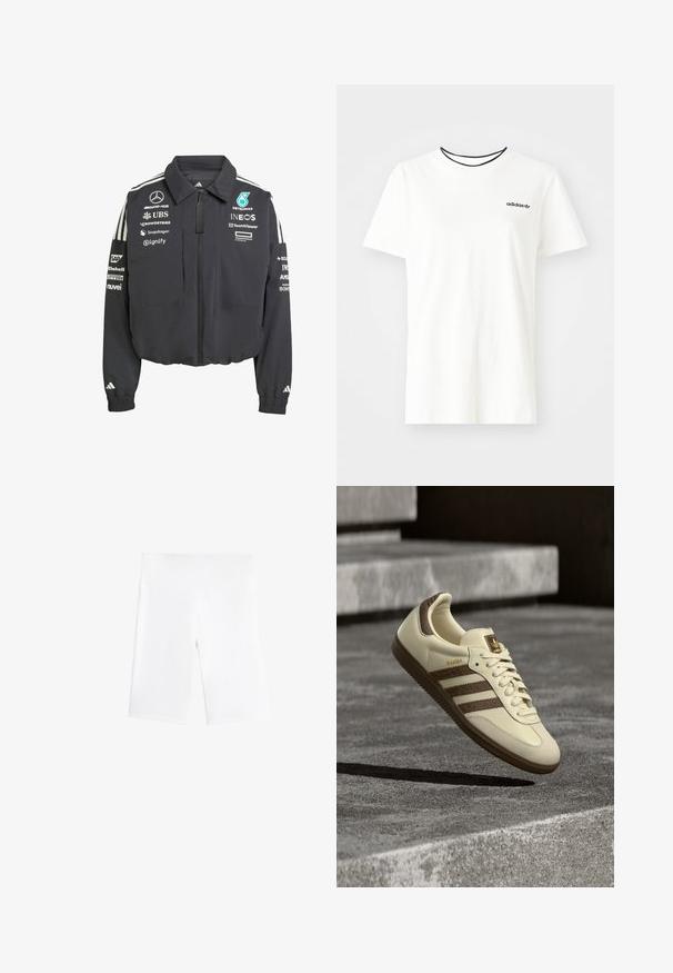Avskuren svart jacka med dragkedja, med vita ränder på axlarna, flera varumärkeslogotyper och elastiska muddar.; Vit bomullströja med korta ärmar och rund halsringning. Har en svart Adidas-logotyp på bröstet och en kontrasterande svart innerkrage.; Vita cykelshorts i stretchigt material, med resårmidja och en slät, sömlös design. Längd till mitten av låret.; Kritfärgad sneaker med bruna detaljer, strukturerade sidostrippar och en slät läderfinish. Har snörning och gummisula.