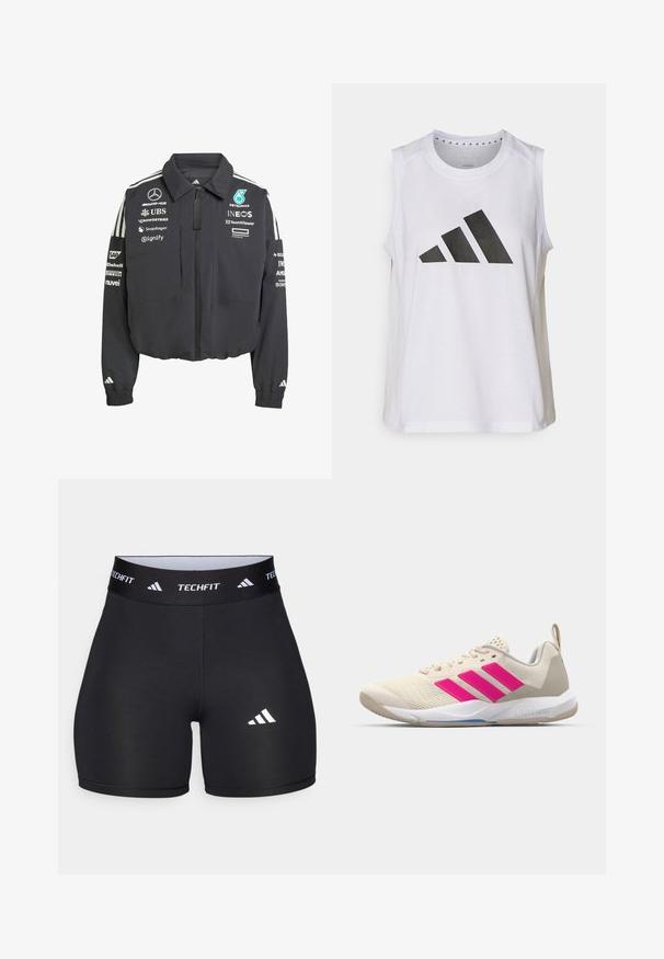 Korte zwarte jas met ritssluiting, voorzien van witte strepen op de schouders, meerdere merklogo's en elastische manchetten.; Witte sporttop zonder mouwen met ronde halslijn, voorzien van een groot zwart Adidas-logo bestaande uit drie strepen op de voorkant.; Zwarte shorts van rekbaar materiaal met een getailleerd ontwerp. Beschikt over een brede zwarte tailleband met het label "TECHFIT" en een wit logo op het been.; Beige sportshoe met een roze drie-strepen logo, een textuur-mesh bovenkant, een gevoerde kraag en een witte rubberen zool, met "LIGHTSTRIKE" branding.