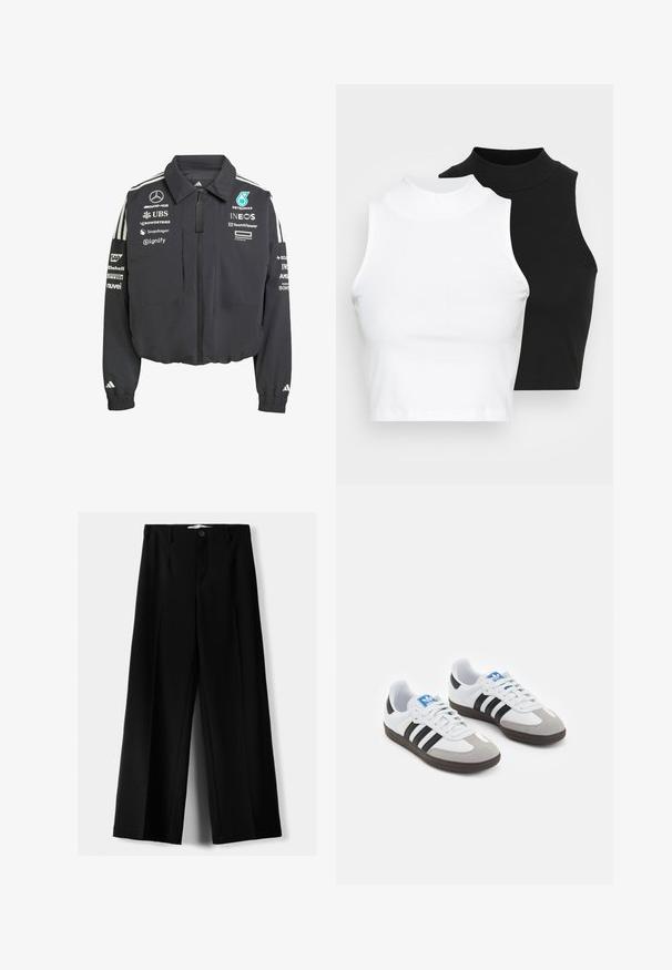 Skraćena crna jakna s patent zatvaračem, koja ima bijele pruge na ramenima, više brendova logotipa i elastične manžete.; Dvije bezrukavne rebraste majice s visokim ovratnikom u crnoj i bijeloj boji, s prilagođenim dizajnom i glatkom teksturom, te skraćenom dužinom.; Crne široke hlače izrađene od lagane tkanine, s prednjim zatvaranjem na dugme i ravnim prednjim dijelom, sa uredno šivenim rubovima.; Sportske cipele s gornjištem od bijele kože, sivi suedinasti nos i tri crne pruge. Imaju plavi logo na jeziku i teksturiranu gumenu podlogu.