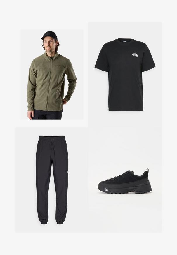 Green fleece jacket with a high collar, front zipper, and side pockets. The fabric has a textured finish. Worn with a black cap.; Black cotton t-shirt with short sleeves, crew neck, and a small white logo on the left chest. Simple design, smooth texture, and relaxed fit.; Black athletic pants made from lightweight fabric, featuring a drawstring waistband, side pockets, and tapered cuffs at the ankles.; Black outdoor sneaker with a suede upper, textured rubber sole, and sturdy lacing system. Features a reinforced heel and brand logo on the side.