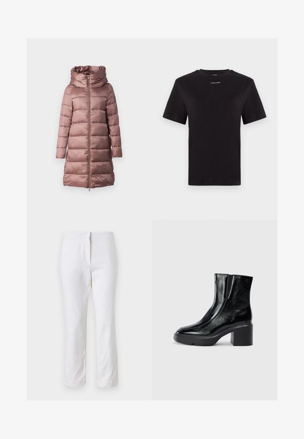 Podložena jakna v nežno roza barvi, s visokim ovratnikom, zadrgo in dolgimi rokavi. Gladka, sijajna tkanina z bemstvenimi elementi.; Črna bombažna majica s kratkimi rokavi, okroglim izrezom in majhnim belim logotipom "Calvin Klein" na prsih. Gladka tekstura, klasičen kroj.; Beli bombažne hlače s ravnim krojem, srednje visoko pasom, brez vidnih kovinskih elementov ali vzorcev. Gladka textura po vsej površini.; Črne lakirane gležnjarje z ukrivljenim nosom, elastičnimi stranskimi paneli in debelim blokastim peto. Imajo vtisnjen logotip na zadnjem delu.